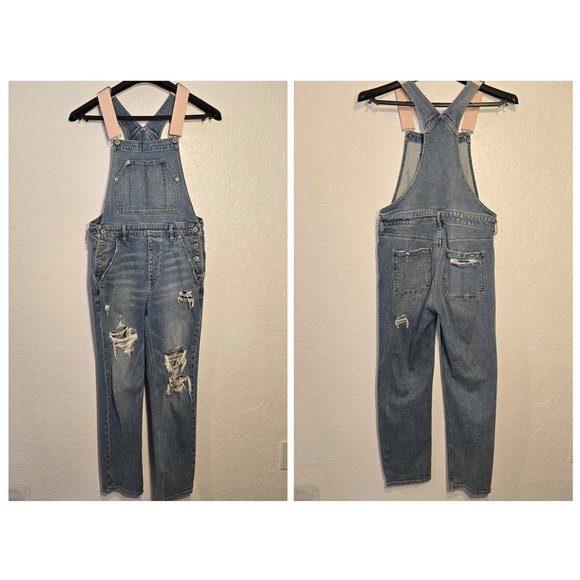 American Eagle Outfitters Denim - American Eagle 90s Boyfriend Overalls Small Womens Blue Distressed Pink Straps